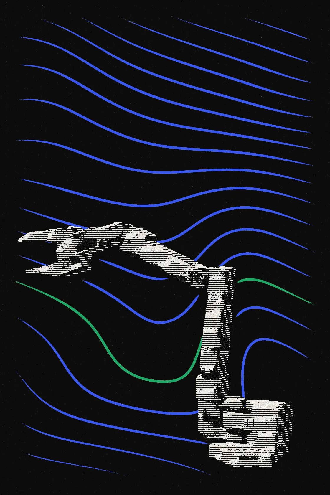 The SO-101 robot arm standing upright, printed in fine white lines among blue contour stripes on black.